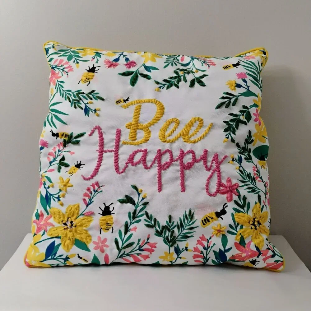 Bee Happy Embroidered Throw Pillow With Floral & Bee Design, Cottagecore Decor